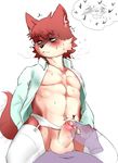  &lt;3 ambiguous_gender balls blush bulge canine clothed clothing embarrassed erection fur legwear male male/ambiguous mammal navel open_shirt panties partially_retracted_foreskin penis precum red_fur sheeporwolf stockings sweat uncut underwear wolf 