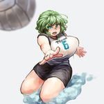  action alternate_costume black_shorts blurry blush breasts chanta_(ayatakaoisii) character_name covered_nipples depth_of_field focused ghost_tail green_eyes green_hair grey_background highres huge_breasts looking_up motion_lines open_mouth shirt short_hair shorts simple_background soga_no_tojiko solo sportswear teeth thick_thighs thighs tongue touhou volleyball volleyball_uniform white_shirt 