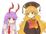  2girls animal_ears bangs black_dress blonde_hair blouse blush bunny_ears chinese_clothes dress hands_in_sleeves heart height_difference junko_(touhou) long_hair long_sleeves multiple_girls necktie pom_pom_(clothes) purple_hair red_eyes red_necktie reisen_udongein_inaba ribbon sasa_kichi short_sleeves simple_background smug sweatdrop tabard touhou upper_body very_long_hair white_background white_blouse wide_sleeves yellow_ribbon 