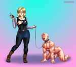  1boy 1girl all_fours android_18 bald beaten blonde_hair blue_eyes boots breasts clothed_female_nude_male collar dragon_ball dragonball_z female femdom human kuririn leash leggings looking_down male mind_break mind_control muscle open_mouth penis pet_play remote saliva short_hair skirt slave standing tongue torn_clothes uncensored vanbrand 
