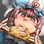  bangs blush chanta_(ayatakaoisii) eating face food grey_background hair_between_eyes hat holding holding_food holding_pizza mob_cap perspective pink_eyes pink_hair pizza saigyouji_yuyuko shiny shiny_hair short_hair simple_background slice_of_pizza solo steam sweatdrop touhou triangular_headpiece veil 