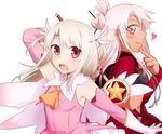  arm_up bare_shoulders chloe_von_einzbern dark_skin elbow_gloves fate/kaleid_liner_prisma_illya fate_(series) feathers gloves hair_feathers harahara_(harashi001) heart highres holding holding_wand illyasviel_von_einzbern kaleidostick long_hair looking_at_viewer magical_ruby multiple_girls open_mouth prisma_illya red_eyes upper_body wand white_gloves white_hair 