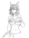  anthro areola autumm_airwave big_breasts breasts clothed clothing feline female flashing huge_breasts looking_at_viewer mammal monochrome nipples solo 