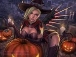  alternate_costume artist_name blonde_hair breasts candle candy cleavage dated deviantart_username food graveyard halloween hat huge_breasts jack-o'-lantern md5_mismatch mercy_(overwatch) nose overwatch patreon_username pumpkin realistic sciamano240 solo watermark web_address witch witch_hat witch_mercy 