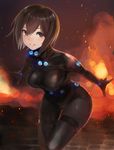  black_hair bodysuit breasts brown_eyes gantz gantz_suit highres large_breasts leaning_forward parted_lips short_hair smile solo taishi_(picchiridou) yamasaki_anzu 