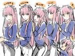  :d breasts brown_eyes casual chibi crown expressionless fate/grand_order fate_(series) girl_sandwich highres long_hair looking_at_viewer medb_(fate)_(all) medb_(fate/grand_order) multiple_girls multiple_persona open_mouth pink_hair sandwiched shimo_(s_kaminaka) small_breasts smile translated 