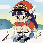  1girl black_eyes child cloud day dr._slump eyelashes furekuru_(freckle) glasses gloves hat long_hair norimaki_arale pants purple_hair shadow shirt shoes short_sleeves sky socks solo stick white_gloves 