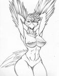  anthro autumm_airwave avian bird female hands_behind_head looking_at_viewer monochrome nude pussy scar solo thick_thighs wide_hips 
