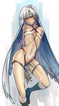  altera_(fate) arms_behind_back breasts dark_skin fate/grand_order fate_(series) full_body_tattoo highres looking_at_viewer navel red_eyes revealing_clothes shimo_(s_kaminaka) short_hair small_breasts solo tattoo veil white_hair 