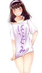  alternate_costume angry awoki blush brown_hair clothes_writing commentary_request embarrassed glaring hairband highres kanzaki_sumire long_hair looking_at_viewer no_pants off_shoulder panties sakura_taisen shirt shirt_tug simple_background solo t-shirt tears thighs underwear white_background 