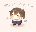 angry beige_background blush brown_hair chibi closed_eyes commentary_request ina_(1813576) japanese_clothes kaga_(kantai_collection) kantai_collection o3o outstretched_arms sandals side_ponytail simple_background solo translated twitter_username visible_air younger 