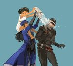  2girls ana_(overwatch) beanie beret blackwatch_reyes bucket captain_amari carrying dark_skin hat mother_and_daughter multiple_girls nuriko-kun overwatch pharah_(overwatch) reaper_(overwatch) shoulder_carry smile water wet younger 