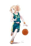  alternate_costume bare_arms basketball basketball_uniform blonde_hair dribbling girls_und_panzer green_eyes kay_(girls_und_panzer) looking_to_the_side midriff motion_lines navel ponytail shoes sketch smile sneakers solo soramame_(corndog) sportswear white_background wristband 