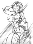  anthro areola autumm_airwave breasts female hybrid looking_at_viewer machine monochrome nipples nude reptile robot scalie smile snake solo standing thick_thighs 