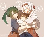  3girls beige_background blush_stickers brown_hair closed_eyes commentary_request girl_sandwich green_eyes green_hair hair_ribbon hairband head_on_head heart hug ina_(1813576) japanese_clothes kaga_(kantai_collection) kantai_collection long_hair multiple_girls open_mouth ribbon sandwiched shoukaku_(kantai_collection) side_ponytail simple_background spoken_ellipsis spoken_heart spoken_sweatdrop sweatdrop twintails twitter_username white_hair yellow_eyes zuikaku_(kantai_collection) 