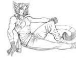  ambiguous_gender anthro armpits autumm_airwave clothed clothing feline looking_at_viewer mammal monochrome sitting smile solo 