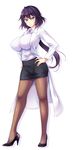 1girl blush breasts de_ra_u_e_a frown full_body hand_on_hip high_heels impossible_shirt large_breasts long_hair looking_at_viewer majime_risa pantyhose purple_eyes purple_hair solo standing 