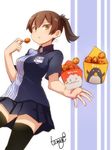  alternate_costume artist_name asymmetrical_clothes black_legwear blue_shirt blue_skirt breasts brown_hair collared_shirt eating failure_penguin fast_food food fried_chicken jpeg_artifacts kaga_(kantai_collection) kantai_collection lawson looking_at_viewer medium_breasts miss_cloud pleated_skirt shirt short_sleeves side_ponytail signature simple_background skirt solo striped striped_background tamago_(yotsumi_works) uniform yellow_eyes 