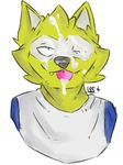  2016 anthro blue_eyes blush canine clothing cub cum cum_on_face cumshot detailed ejaculation eyes_closed fur hair hi_res invalid_tag male male/male mammal mascot nuzzling open_mouth orgasm russia russian shirt simple_background teeth tongue waist waist_up wolf world_cup yellow_fur young zabivaka 