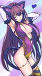 ;) animal_ears armpits arms_behind_head breasts cleavage closed_mouth collar covered_navel covered_nipples elbow_gloves fate/grand_order fate_(series) gloves halloween_costume highleg highleg_leotard highres large_breasts leotard long_hair looking_at_viewer one_eye_closed purple_hair purple_leotard red_eyes scathach_(fate)_(all) scathach_(fate/grand_order) shimo_(s_kaminaka) smile solo tail thighhighs very_long_hair white_gloves 