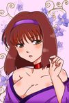  bare_shoulders breasts brown_eyes brown_hair choker cleavage collarbone floral_background hairband hand_up japanese_clothes kanzaki_sumire kimono looking_at_viewer mole mole_under_eye off_shoulder pink_background ribbon ribbon_choker rio_(mintboo) sakura_taisen short_hair solo violet_(flower) whorled_vine 