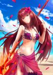  1girl beach bikini blue_sky breasts brown_hair cleavage cloud day eyebrows_visible_through_hair fate/grand_order fate_(series) floating_hair flower frown gae_bolg hair_flower hair_ornament head_tilt holding holding_spear holding_weapon large_breasts lens_flare long_hair nail_polish navel ocean outdoors petals polearm randoru red_bikini red_eyes red_flower sarong scathach_(fate)_(all) scathach_(fate/grand_order) scathach_(swimsuit_assassin)_(fate) see-through shiny shiny_hair sky solo spear swimsuit thigh_strap very_long_hair weapon 