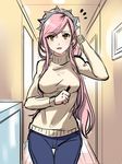  breasts brown_eyes crown denim fate/grand_order fate_(series) hallway hand_on_head highres jeans lips long_hair looking_at_viewer medb_(fate)_(all) medb_(fate/grand_order) medium_breasts older pants parted_lips pink_hair shimo_(s_kaminaka) sketch solo sweater thigh_gap very_long_hair 