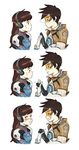  2girls 3koma :d animal_print bangs black_gloves blush blush_stickers bodysuit bomber_jacket breasts brown_eyes brown_hair brown_jacket bunny_print closed_mouth comic d.va_(overwatch) ear_piercing embarrassed emblem face facepaint facial_mark from_side gloves goggles grin guo_(cat78952) hands_clasped hands_together harness headphones high_collar holding_hands interlocked_fingers jacket logo long_sleeves looking_at_another military_rank_insignia multiple_girls nose_blush open_mouth overwatch own_hands_together pauldrons piercing pilot_suit pout ribbed_bodysuit short_sleeves shoulder_pads simple_background skin_tight sleeves_rolled_up smile spiked_hair strap sweatdrop teeth tracer_(overwatch) turtleneck upper_body vambraces whisker_markings white_background yuri 