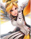  bodysuit breasts brown_legwear eyebrows eyeshadow highres holding holding_staff lips lipstick makeup marker_(medium) mechanical_halo mechanical_wings medium_breasts mercy_(overwatch) omar_dogan overwatch pantyhose parted_lips pink_lips reaching_out self_shot solo spread_wings staff swiss_flag traditional_media wings yellow_wings 