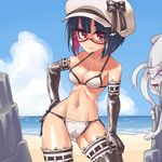  beach beret bikini black_hair breasts cameltoe day elbow_gloves glasses gloves hat highres looking_at_viewer medium_breasts mikan_riji multicolored_hair original pink_eyes pink_hair red-framed_eyewear ridinetta semi-rimless_eyewear solo squid swimsuit tentacles thighhighs two-tone_hair 