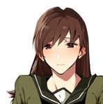  asakawa_(outeq) bad_anatomy bangs blush brown_hair commentary_request hair_between_eyes kantai_collection long_hair ooi_(kantai_collection) school_uniform serafuku simple_background solo upper_body white_background 