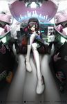  bag_of_chips bodysuit brown_hair chair cockpit controller d.va_(overwatch) eating game_controller highres holographic_interface jisuart overwatch perspective pilot_suit sitting solo 