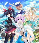  :d ;) bare_shoulders black_hair blanc blonde_hair blue_eyes breasts brown_hair cleavage fantasy four_goddesses_online:_cyber_dimension_neptune hat large_breasts long_hair looking_at_viewer medium_breasts multiple_girls neptune_(choujigen_game_neptune) neptune_(series) noire official_art one_eye_closed open_mouth polearm purple_eyes purple_hair red_eyes short_hair smile spear staff sword tsunako twintails v-shaped_eyebrows vert weapon 