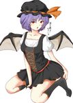  absurdres bat_wings black_skirt blouse bodice collarbone commentary_request dirndl german_clothes halloween hat highres kneehighs lavender_hair miniskirt mob_cap puffy_short_sleeves puffy_sleeves red_eyes remilia_scarlet short_sleeves skirt solo touhou uecchi white_blouse wings 