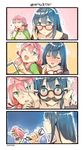  :d ;d adjusting_eyewear akashi_(kantai_collection) artist_name black_hair blue_eyes blush comic crushing fleeing flying_sweatdrops funny_glasses glasses green_eyes hair_ribbon hairband highres kantai_collection long_hair multiple_girls nonco one_eye_closed ooyodo_(kantai_collection) open_mouth pink_hair raglan_sleeves ribbon shirt silent_comic smile t-shirt translated trolling 