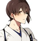  asakawa_(outeq) blush brown_eyes brown_hair collarbone commentary_request hair_between_eyes japanese_clothes kaga_(kantai_collection) kantai_collection long_hair looking_at_viewer side_ponytail simple_background solo tasuki upper_body white_background 