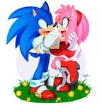  2016 amy_rose anthro black_nose boots clothing dress duo female flower footwear gloves grass green_eyes hair happy headband hedgehog hug male mammal myly14 open_mouth pink_hair plant short_hair signature sonic_(series) sonic_the_hedgehog video_games 