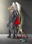  2014 anthro clothed clothing dragonoid dress duo eam0 female gradient_background grey_hair hair horn human male mammal membranous_wings red_eyes red_hair simple_background wings 