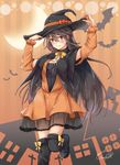  adjusting_clothes adjusting_hat artist_name black_footwear black_hair black_legwear boots brown_eyes capelet dated dress fang_out gurifu hair_ornament hairclip halloween haruna_(kantai_collection) hat kantai_collection long_hair looking_at_viewer orange_dress signature smile solo thigh_boots thighhighs witch_hat 