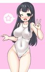  agano_(kantai_collection) ass_visible_through_thighs black_hair blue_eyes blush breasts competition_swimsuit covered_navel kantai_collection kurogane_daichi large_breasts long_hair nose_blush one-piece_swimsuit one_eye_closed simple_background solo spoken_star standing star swimsuit thigh_gap v white_swimsuit 