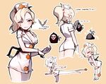  1boy 1girl blonde_hair blue_eyes breasts cleavage dress embarrassed english gloves hacksaw hat high_ponytail kicking mercy_(overwatch) ng_(kimjae737) nurse nurse_cap overwatch painwheel_(skullgirls) painwheel_(skullgirls)_(cosplay) reaper_(overwatch) short_dress skullgirls twitter_username valentine_(skullgirls) valentine_(skullgirls)_(cosplay) 