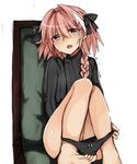  astolfo_(fate) black_panties blush bow bow_panties braid chair commentary_request crying crying_with_eyes_open embarrassed fate/apocrypha fate_(series) long_hair looking_at_viewer male_focus nagatsuki_take open_mouth panties panties_removed panty_pull pink_hair ribbed_sweater solo sweater tears turtleneck turtleneck_sweater underwear 