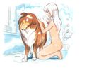  animal ass bathroom beamed_eighth_notes bestiality breasts caracol dog eighth_note hair_down kneeling long_hair medium_breasts musical_note nude original shower_head sketch smile washing water wet white_hair 