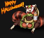  2016 alcohol anthro beverage blush breasts bulge clothed clothing costume dickgirl drunk fur hair halloween holidays intersex looking_at_viewer mammal masamaki multicolored_fur open_mouth red_panda simple_background solo spreading tanuki text 