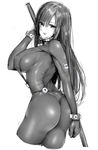 ass bad_id bad_twitter_id blue_gk bodysuit breasts gantz gantz_suit highres large_breasts long_hair looking_at_viewer open_mouth shimohira_reika simple_background sketch smile solo spot_color sword weapon white_background 