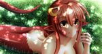  :p absurdres ass blacksaikou blush breasts cleavage collarbone commentary grass hair_ornament hairclip highres lamia long_hair medium_breasts miia_(monster_musume) monster_girl monster_musume_no_iru_nichijou nail_polish nude pointy_ears red_hair scales shade slit_pupils solo tongue tongue_out very_long_hair yellow_eyes 