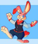  anthro arcade_bunny clothing evian lagomorph male mammal nintendo nintendo_badge_arcade pants rabbit simple_background sweater vest video_games 