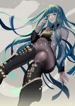  blue_eyes blue_hair boots bracelet character_name cleopatra_(fate/grand_order) earrings fate/grand_order fate_(series) hairband highres hoop_earrings inanome_me jewelry long_hair looking_at_viewer pantyhose ring solo thumb_ring very_long_hair 
