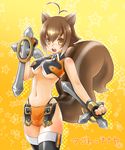  :d animal_ears antenna_hair black_legwear blazblue blush breasts brown_hair cleavage clenched_hands cowboy_shot crop_top dual_wielding fingerless_gloves gloves highleg highleg_panties holding kazu_(pixiv8325) large_breasts makoto_nanaya midriff miniskirt multicolored_hair navel open_mouth orange_eyes orange_skirt panties pelvic_curtain revealing_clothes short_hair side_slit skirt smile solo squirrel_ears squirrel_tail tail thighhighs tonfa two-tone_hair underboob underwear weapon 