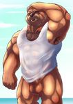  abs anthro armpit_hair armpits balls bara-diction bear belly biceps big_biceps big_muscles blue_eyes body_hair bottomless brown_fur brown_nose chest_hair claws clothed clothing cloud erection front_view fur grizzly_bear hand_on_head humanoid_penis looking_at_viewer male mammal manly muscular muscular_male nipples one_eye_closed paws pecs penis shirt simple_background sky solo t-shirt teeth vein veiny_penis wet 
